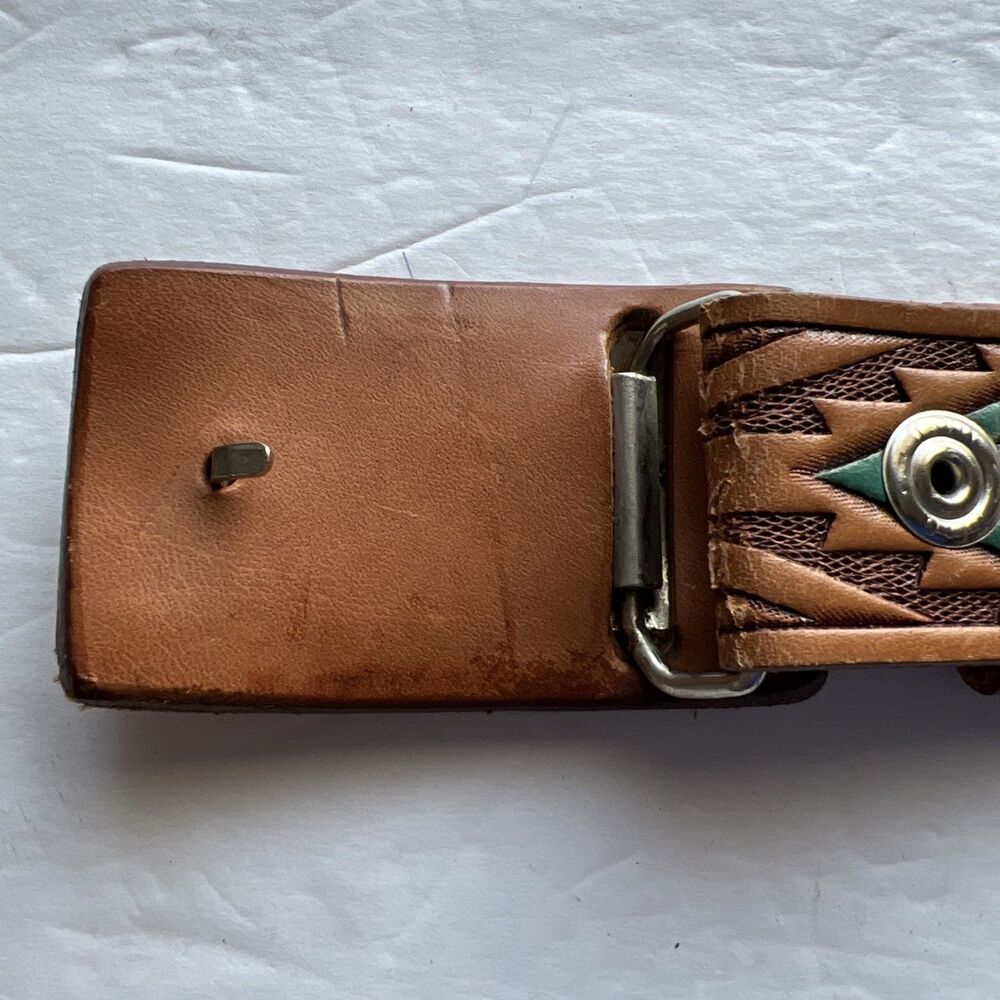 SEARS Brown Tooled Leather Belt Painted Western Aztec Southwest Buckle USA Sz 23 - Picture 5 of 10